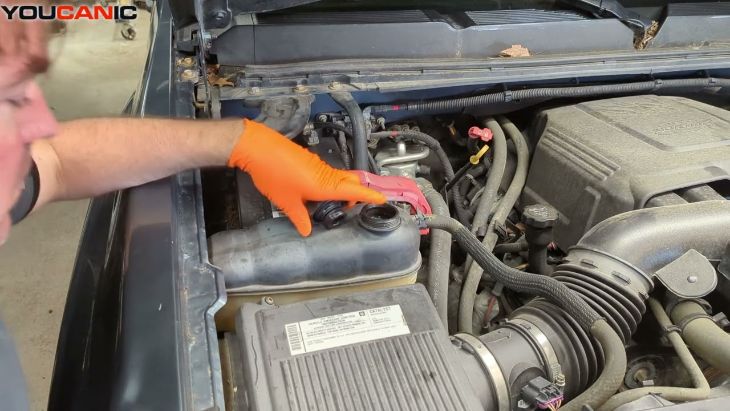 Chevy Silverado coolant surge tank pressure cap detail