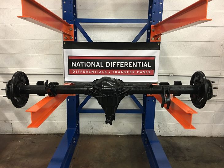 Underbody view of Chevy Silverado rear axle differential and suspension