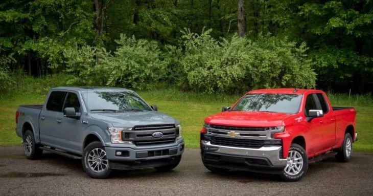 Ford F150 vs Chevy Silverado comparison on open road