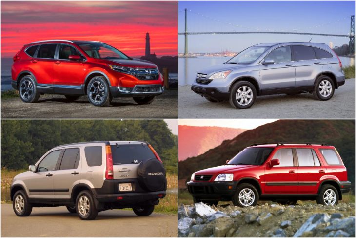 A line-up showing the evolution of Honda CR-V generations including the 2009 model